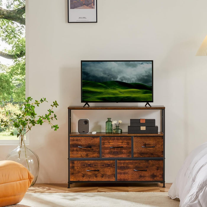 Sybels Modern TV Console with 5 Fabric Drawers for 45" TVs, Media Stand with Open Display Shelf, Minimalist Entertainment Center for Living Room & Bedroom, Rust