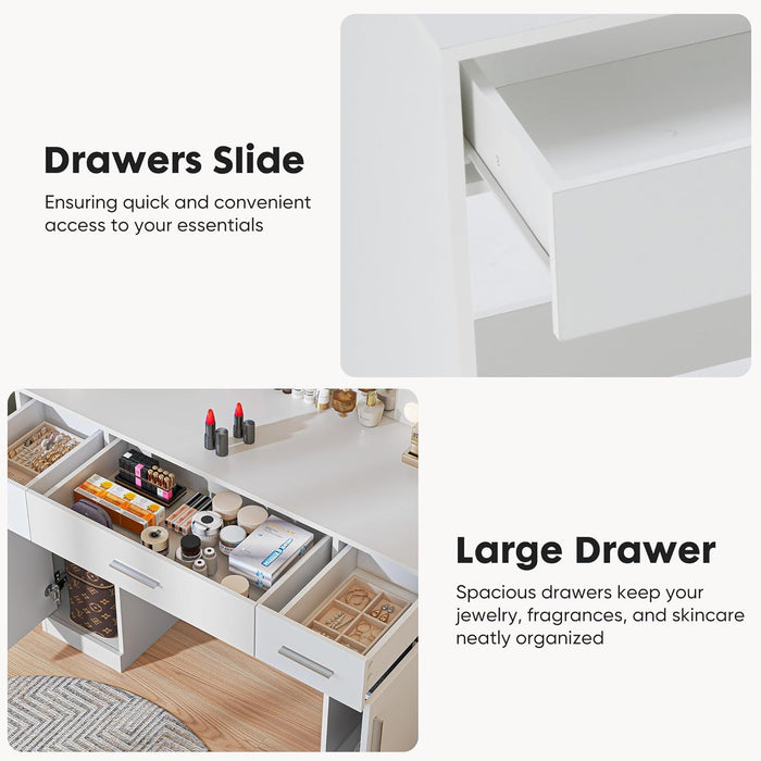 Sybels Vanity Desk with LED Mirror & Power Outlet, Makeup Dressing Table with 10 Lights, 3 Color Modes, Adjustable Brightness, 3 Drawers, 2 Cabinets & 4 Shelves for Bedroom