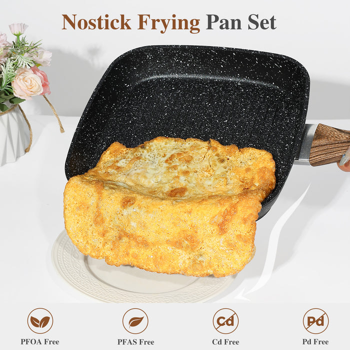 Sybels 3-Piece Nonstick Grill Pan Set, Square ，for Healthy Cooking, Universal for Induction Gas Electric Glass Stovetops, Cool-Touch Handle (9.5" 10" 11")，Black
