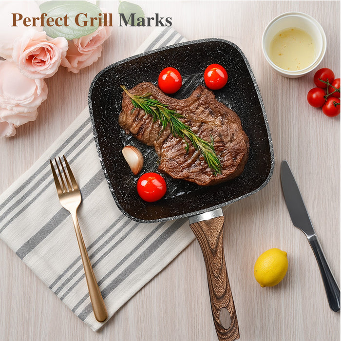 Sybels 3-Piece Nonstick Grill Pan Set, Square ，for Healthy Cooking, Universal for Induction Gas Electric Glass Stovetops, Cool-Touch Handle (9.5" 10" 11")，Black