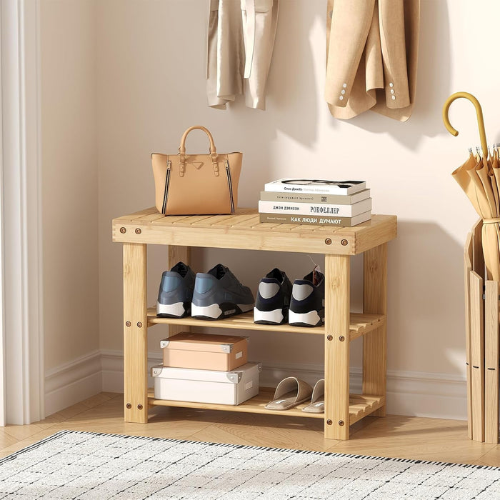 Betcozy 3-Tier Entryway Shoe Bench with Storage, Modern Minimalist Wooden Shoe Rack Organizer, Heavy Duty Seating Bench & Utility Shelf for Hallway, Living Room, Bedroom (19", Wood