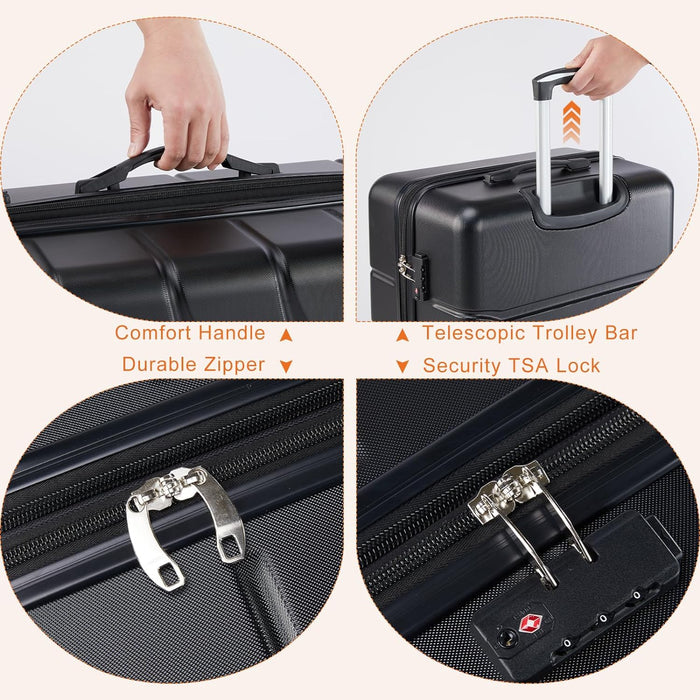 Sybels 24 Inch Carry On Luggage, Hard Shell Expandable Suitcase with TSA Lock and Double Spinner Wheels, Black