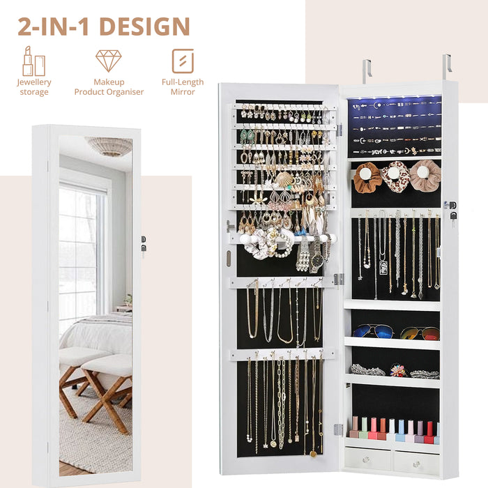Simenmax 6 LEDs Mirror Jewelry Cabinet, 47.2-Inch Tall Lockable Wall or Door Mounted Jewelry Armoire Organizer with Mirror, 2 Drawers