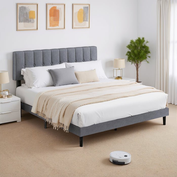 Simenmax Twin Upholstered Platform Bed Frame with Linen Headboard Wood Slat, Gray