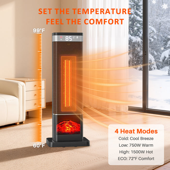 TINKLE WELL 23/24" Indoor Space Heater with Remote & Thermostat, 3/7 Light Modes, 60/70° Oscillation, Up to 99°F Portable Electric Heater with Tip-Over Protection, Black