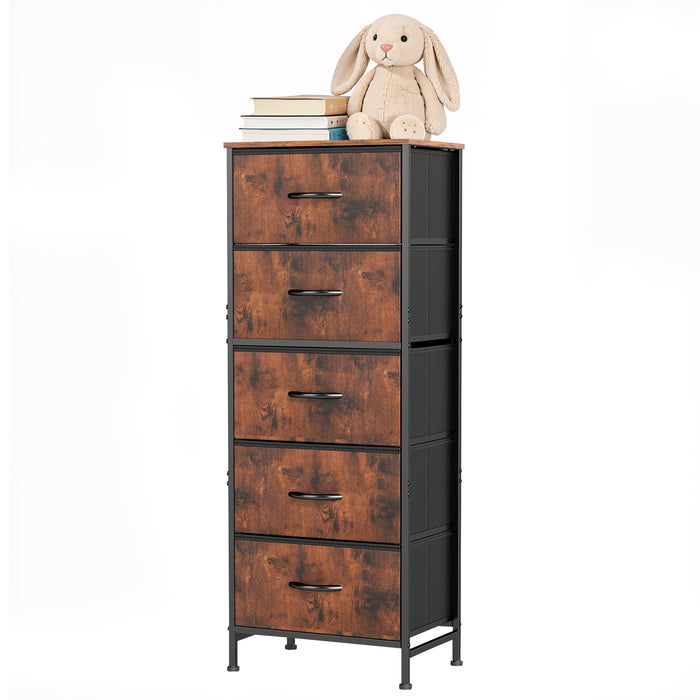 Bigleap 5-Drawer Dresser，5 Drawer Nightstand with Wood Top & Fabric Bins - Slim Storage Cabinet for Bedroom, Closet, Living Room,Brown
