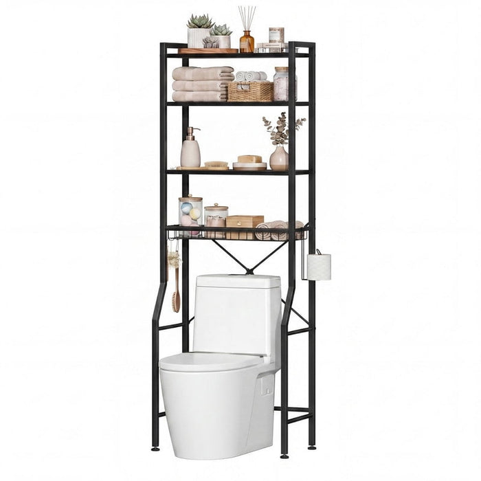Bigleap 4-Tier Over-The-Toilet Storage Rack – Adjustable Shelves, Space-Saver Bathroom Organizer with Paper Holder & Hooks, Black