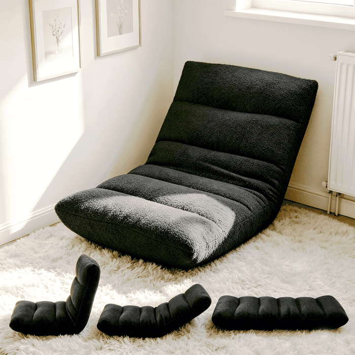 Taoset 4-Position Adjustable Floor Chair, Folding Lazy Sofa Recliner, Cozy Boucl茅 Teddy Fabric Floor Lounger with Back Support for Bedroom, Living Room, Meditation, Reading, Black