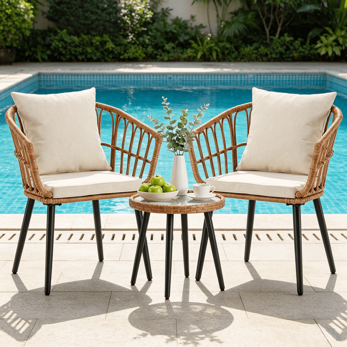 Betcozy 3 Piece Patio Bistro Set, Outdoor PE Rattan Wicker Conversation Chairs with Thick Cushions and Round Glass Coffee Table, Compact Small Porch Furniture Set for Balcony, Backyard, Brown