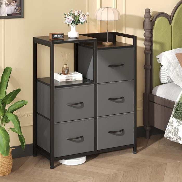 Nextay 5 Drawer Fabric Dresser, 26" Wide Storage Tower with Side Cabinet & Open Shelf, Nightstand & Organizer for Bedroom, Closet, Entryway,Gray