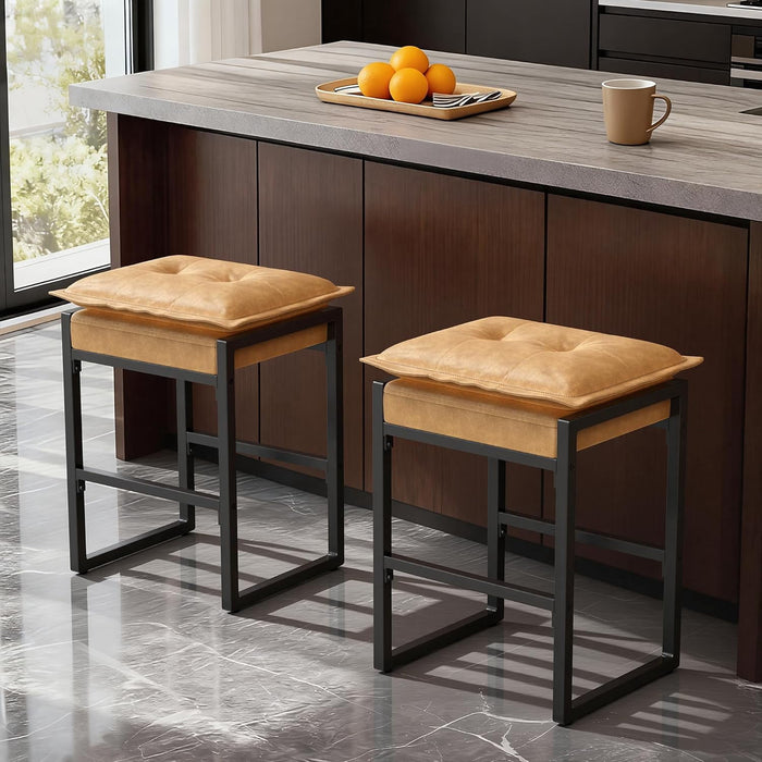 Betcozy Counter Height Bar Stools, Industrial Backless Kitchen Island Stools with Double-Layered Tufted Leather Cushion, Modern Square Metal Frame Dining Chairs with Footrest, Caramel Brown