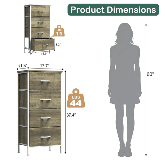 Aidoly Dresser, 4 Storage Drawers, Anti-Tip Fabric Closet Chests Organizer Tower Furniture with Wooden Top, Metal Frame