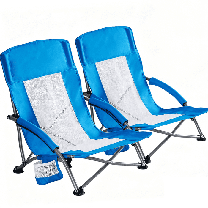 Taoset 2 PCS Low Profile Camping Chair, Breathable Mesh Folding Beach Chair, Lightweight Portable Concert Chair with Cup Holder & Armrests for Outdoor Events, Picnic, Lawn & Sand, Blue