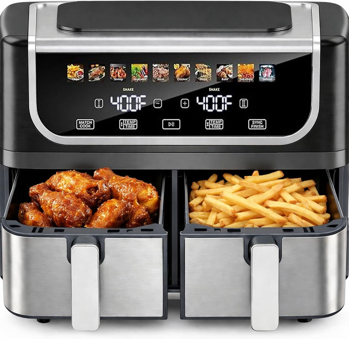 Simenmax 9.5Qt Dual Basket Air Fryer, 10-in-1 Digital Oven with Sync Cook, Independent Dual-Zone Temperature Control, Nonstick Dishwasher-Safe Baskets,Black