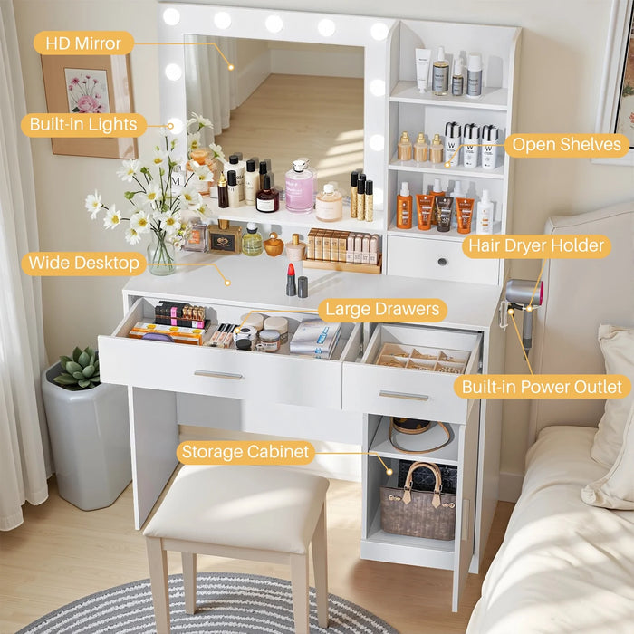 Beddle Vanity Desk with Mirror and Lights, Makeup Vanity Table for Bedroom with Storage Cabinet,3-Color LED Lighting,White