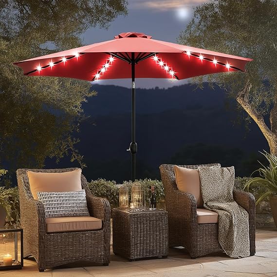 Sybels 10FT Outdoor LED Patio Umbrella, Push Button Tilt & Easy Crank for Pool, Beach, Restaurant, Khaki