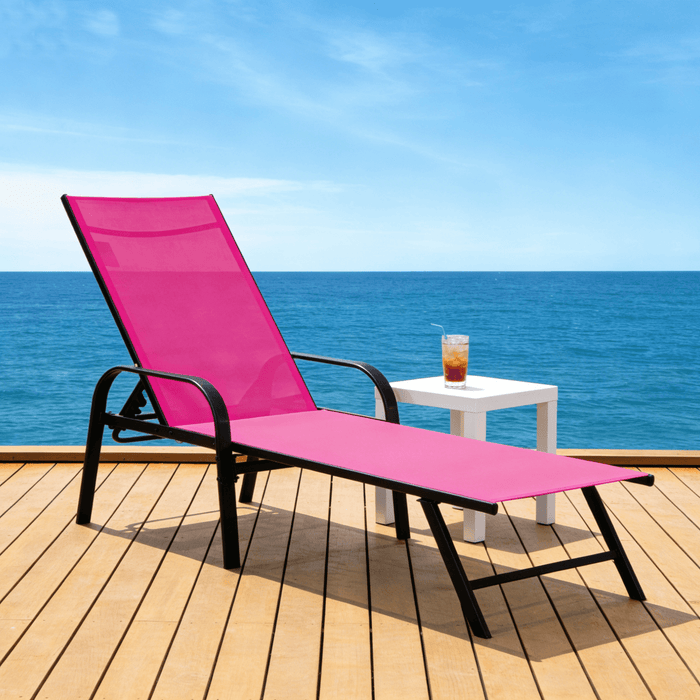 Blorly Folding Lounge Chair, 5-Position Adjustable Backrest, Ultra-Slim Portable Outdoor Sun Recliner with Armrests and Carry Handle for Patio, Backyard, Poolside and Beach, Pink