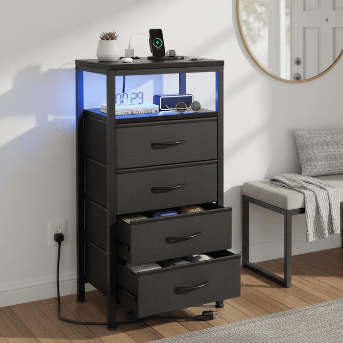 Betcozy Nightstand with Light, Bedside End Table with Charging Station &4 Fabric Drawers, Adjustable Feet and Variable Light Strip, Black