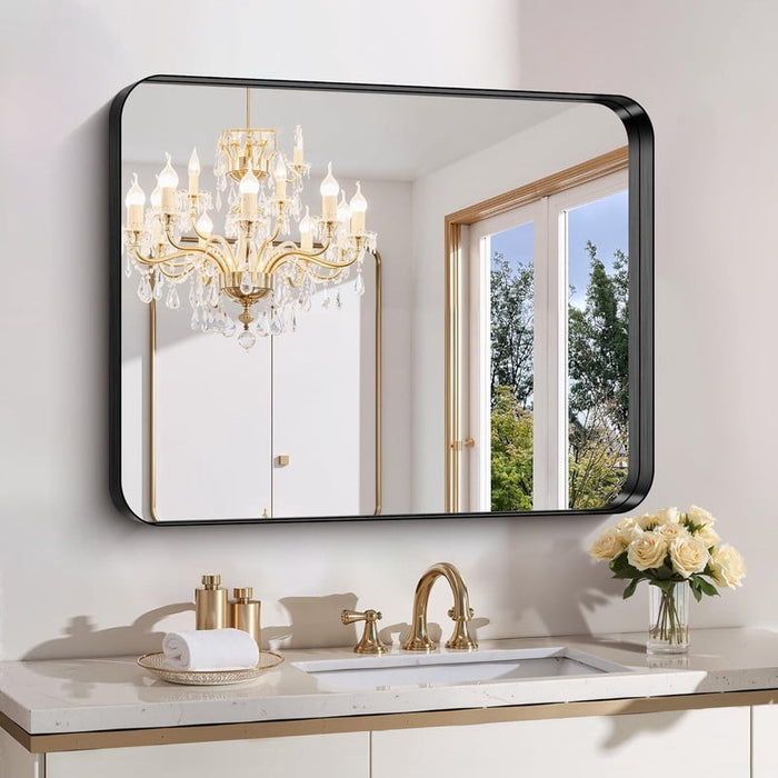 Simenmax 30''x48'' Bathroom Mirrors for Over Sink, Rounded Rectangular Vanity Mirror, Wall Mounted Mirrors, Framed Vanity Mirror, Horizontal or Vertical, Black