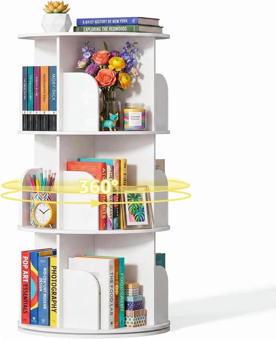 Nextay 360° Rotating Bookshelf Tower – 3-Tier White Spinning Bookcase for Small Spaces, Corner Storage Rack for Bedroom, Office