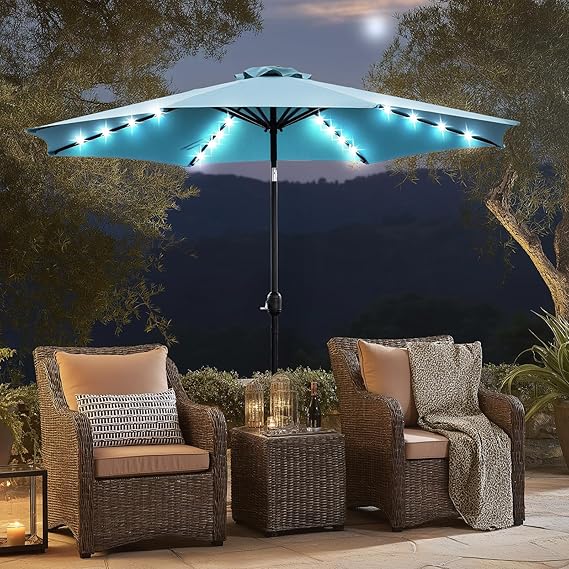 Sybels 10FT Outdoor LED Patio Umbrella, Push Button Tilt & Easy Crank for Pool, Beach, Restaurant, Khaki