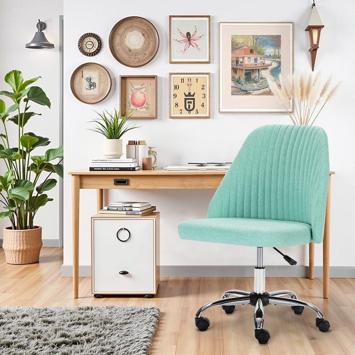 Blorly Colorful Linen Desk Chair, Comfy Thick Seat with Swivel Wheels, Armless Task Chair, Green
