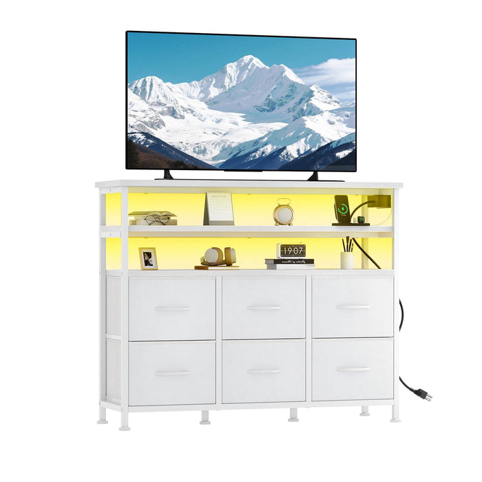 Blorly TV Stand with LED Lights & Power Outlet, 39" Entertainment Center with 2-Tier Open Storage Shelves, 6 Drawer Media Console Table for Living Room, Gaming Station for PS5/Xbox/Switch, White