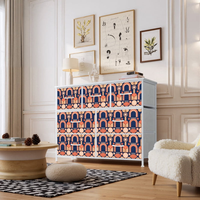 Betcozy 7 Drawers Fabric Dresser with White Metal Frame, Storage Tower for Bedroom, Retro Art Deco Sunrise