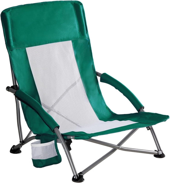 Simenmax Low Beach Chair – Folding Camping Chair for Adults, Low Profile Lawn Chair with Cup Holders for Outdoor, Travel, Concerts, Beach,Green