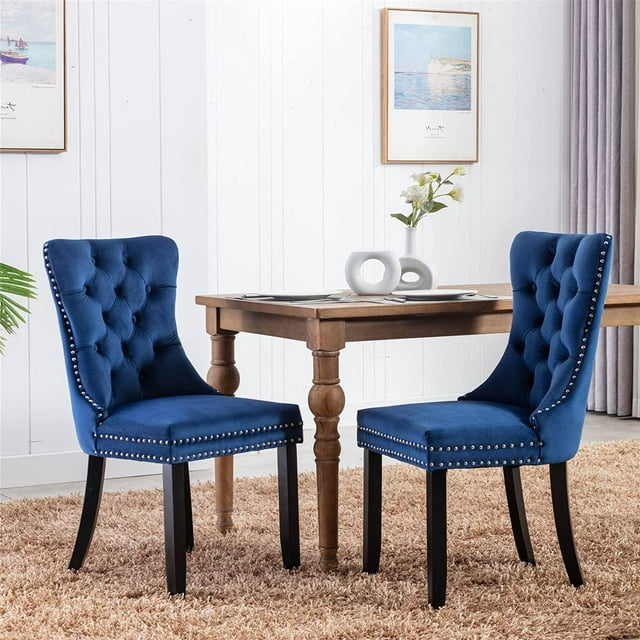 Set of 2 Dining Chairs, High End Velvet Upholstered Dining Chairs, Tufted Dining Chairs with Ring Back and Nailhead Trim-Blue