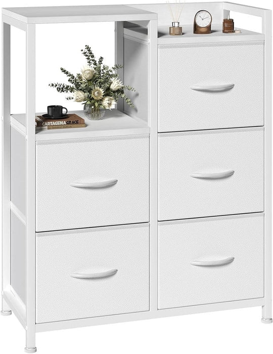 Simenmax 5-Drawer Fabric Dresser with Side Cabinet with Open Shelf, 26" Wide Storage Tower for Bedroom, Closet, Hallway, Entryway, Living Room, White