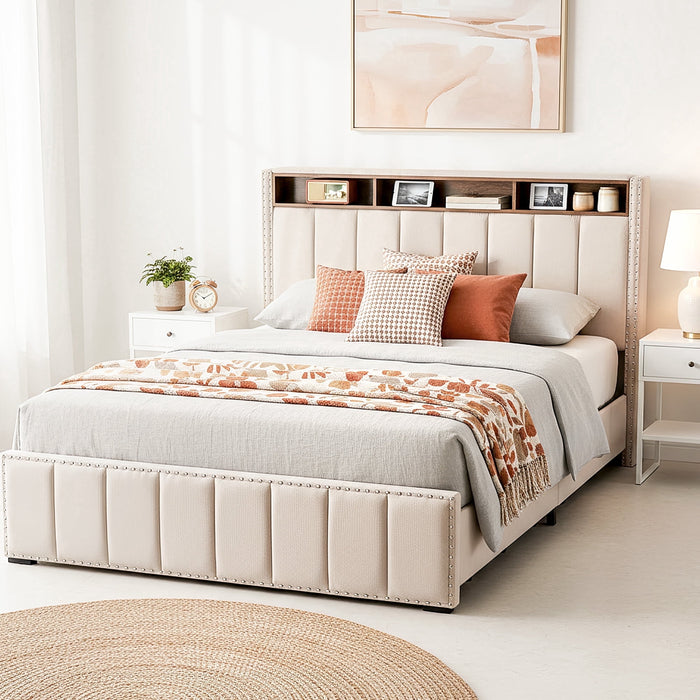 Taoset Full Size Bed Frame, Upholstered Wood Bed Frame with 4 Drawers and storage headboard, LED, Charging Station