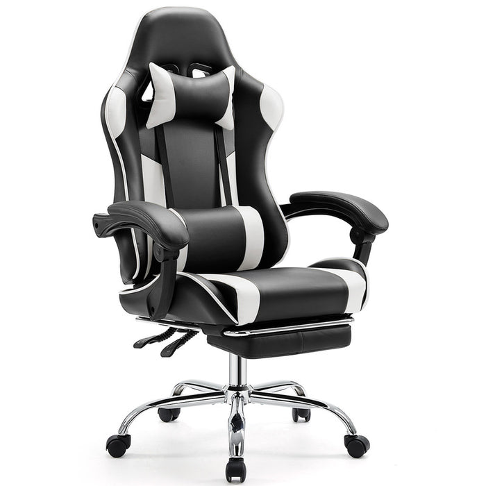 Simenmax Gaming Chair with Footrest, PU Leather High-Back Desk Chair, Adjustable Lumbar Support & Linkage Armrest, 275 lbs Capacity, Black White