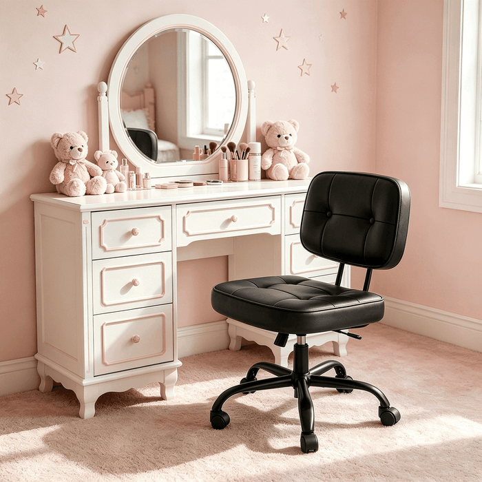 Blorly Armless Vanity Chair for Makeup Room, Small Desk Chair with Tufted PU Leather, Adjustable Height Rolling Computer Chair for Home Office & Dorm, Black