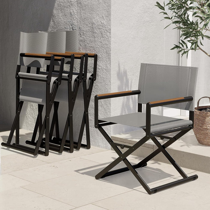 Blorly 2-Pack Folding Sling Directors Chairs, Outdoor or Indoor Extra-Wide Sling Mesh Chairs with Woodgrain Armrests, Grey