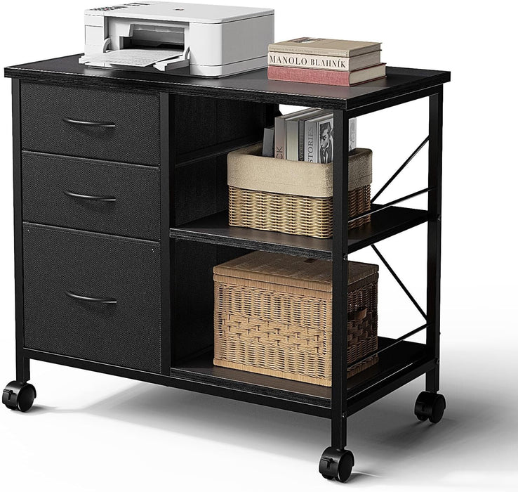 Bigleap 3-Drawer Mobile File Cabinet, Rolling Storage Cabinet with Open Shelf, Fabric Filing Cabinet for Home Office, Under-Desk Storage, Black