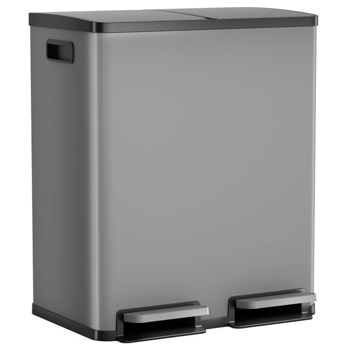 Simenmax Dual Compartment Trash Can – 60L Matte Gray Stainless Steel Kitchen Garbage Bin with Soft-Close Foot Pedal & Removable Inner Buckets for Home Office