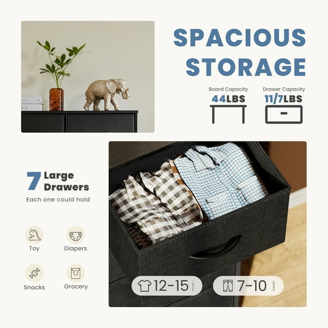 7 Drawers Fabric Dresser, Nightstand With Wide Chest Of Drawers,Storage Tower Storage Dresser Closet For Living Room, Bedroom, Hallway, Black
