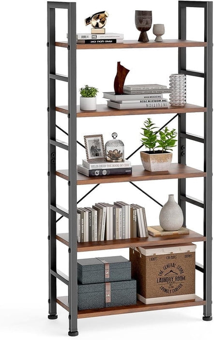 Simenmax 5-Tier Bookshelf - 62.2" Tall Rustic Brown Display Storage Shelves for Living Room, Office, Bedroom, Brown