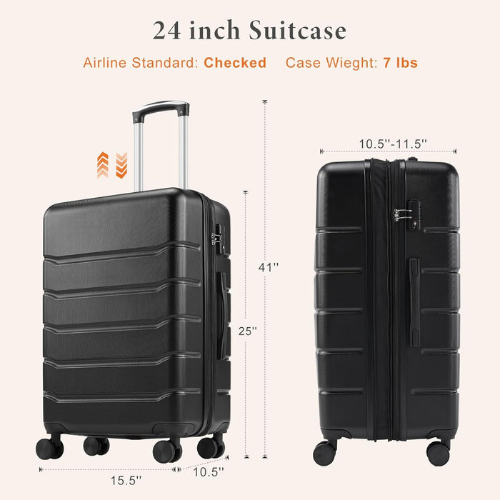 Sybels 24 Inch Carry On Luggage, Hard Shell Expandable Suitcase with TSA Lock and Double Spinner Wheels, Black