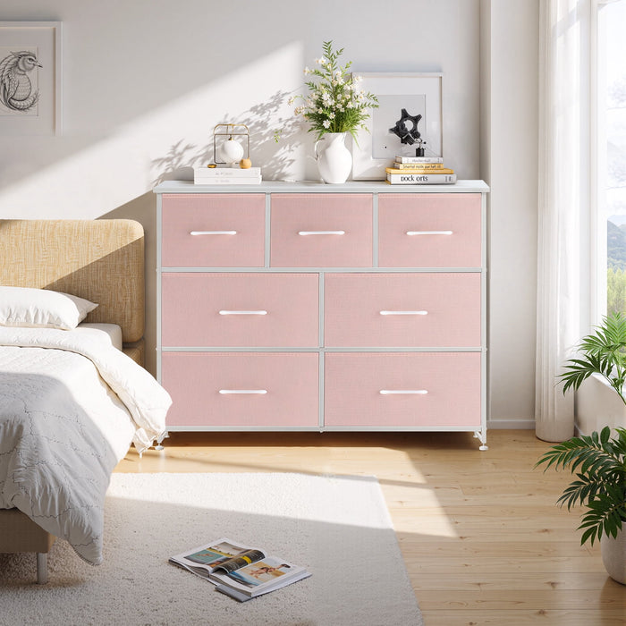 Betcozy Dresser, Storage Organizer with 7 Drawers for Bedroom, Chest of Drawers with Fabric Bins, Sturdy Metal Frame, Wood Tabletop for Guest Room, Closet, Entryway, Nursery, Pink