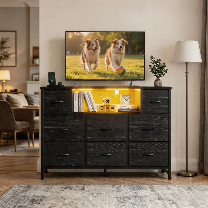 Betcozy LED TV Stand for 50/55 inch TV, Dresser with 8 Fabric Drawers, Entertainment Center with Open Storage Shelves & Power Outlet, Tall Storage Chest for Bedroom, Living Room, Black Wood