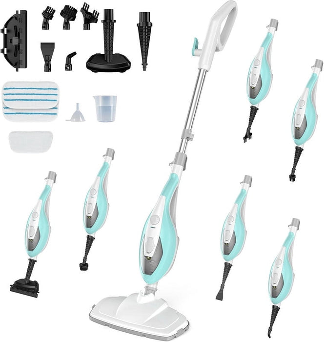 Simenmax 10-in-1 Steam Mop, 1550W Detachable Handheld Steam Cleaner with 14 Accessories for Hardwood, Tile, Carpet, Grout, and Windows, White Green