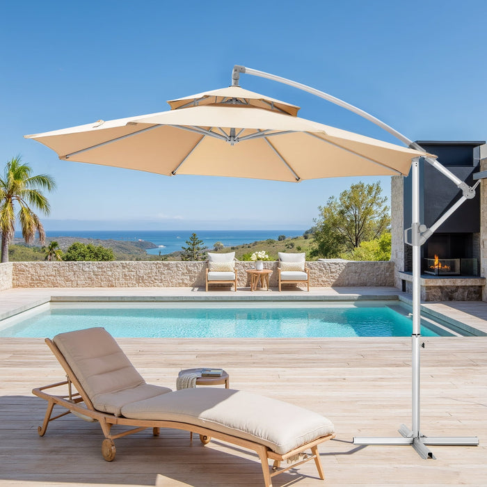 Betcozy 2 Tiers Offset Patio Umbrella, 10 Ft Outdoors Patio Umbrella with Better ventilation and heat insulation, Tilt Adjustment and Crank for Pool Deck and Garden, Beige