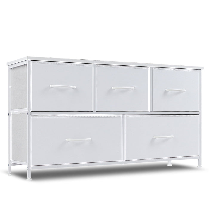 Simenmax 5 Dresser for Bedroom, 5 Storage Drawers, Wide Fabric Closet Chests Organizer Tower Furniture with Wooden Top Metal Frame for Clothes, Room, Living Room, Hallway, Entryway, White