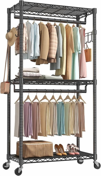 Simenmax 29'' Clothes Rack with Wheels, 360° Lockable Rolling Garment Rack, Double Rods & Side Hooks Freestanding Closet Organizer,Black
