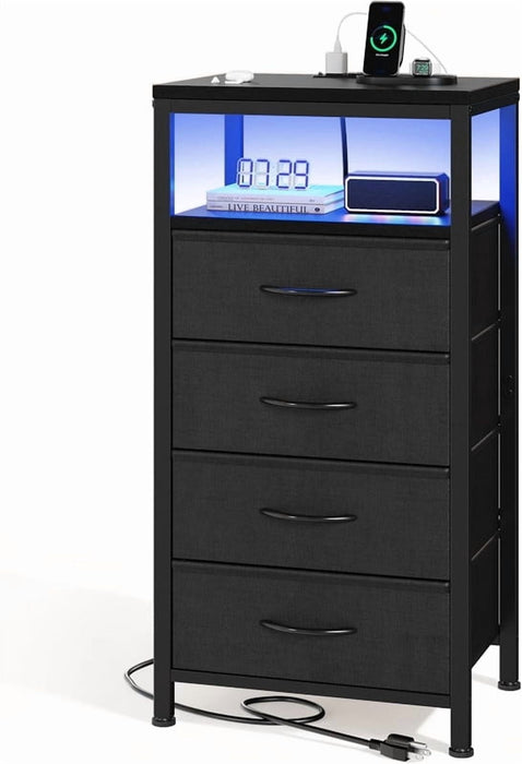 Nextay Nightstand with Charging Station, 4-Drawer Bedside Table with USB/Type-C Ports, AC Outlets & LED Light Strip, Adjustable Feet, Black