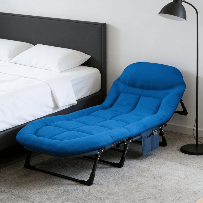 Blorly Foldable Guest Bed with Mattress, Outdoor Camping Cot with 4-Position Adjustable Reclining Nap Chair for Home Office, Supports 250LBs, Blue