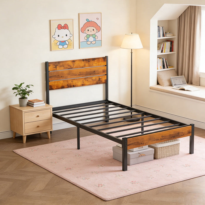 Nextay Metal Platform Bed Frame with Wooden Headboard and Footboard, Industrial Design with Under Bed Storage, Twin Size