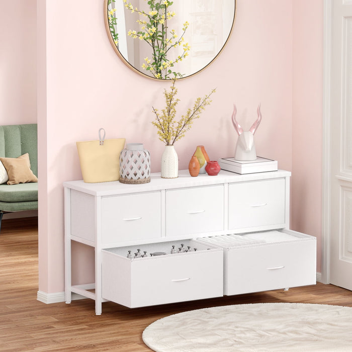Blorly 5 Drawers Fabric Dresser, Nightstand With Wide Chest Of Drawers,Storage Tower Storage Dresser Closet For Living Room, Bedroom, Hallway, White